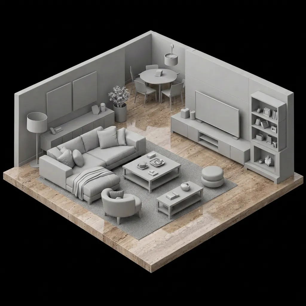 Sala con piso de travertino rojizo