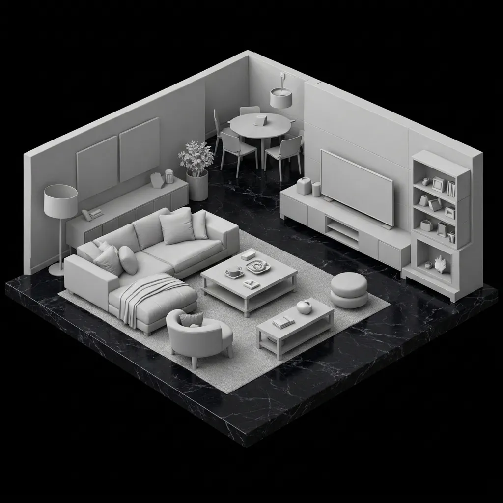 Sala con piso de mármol negro
