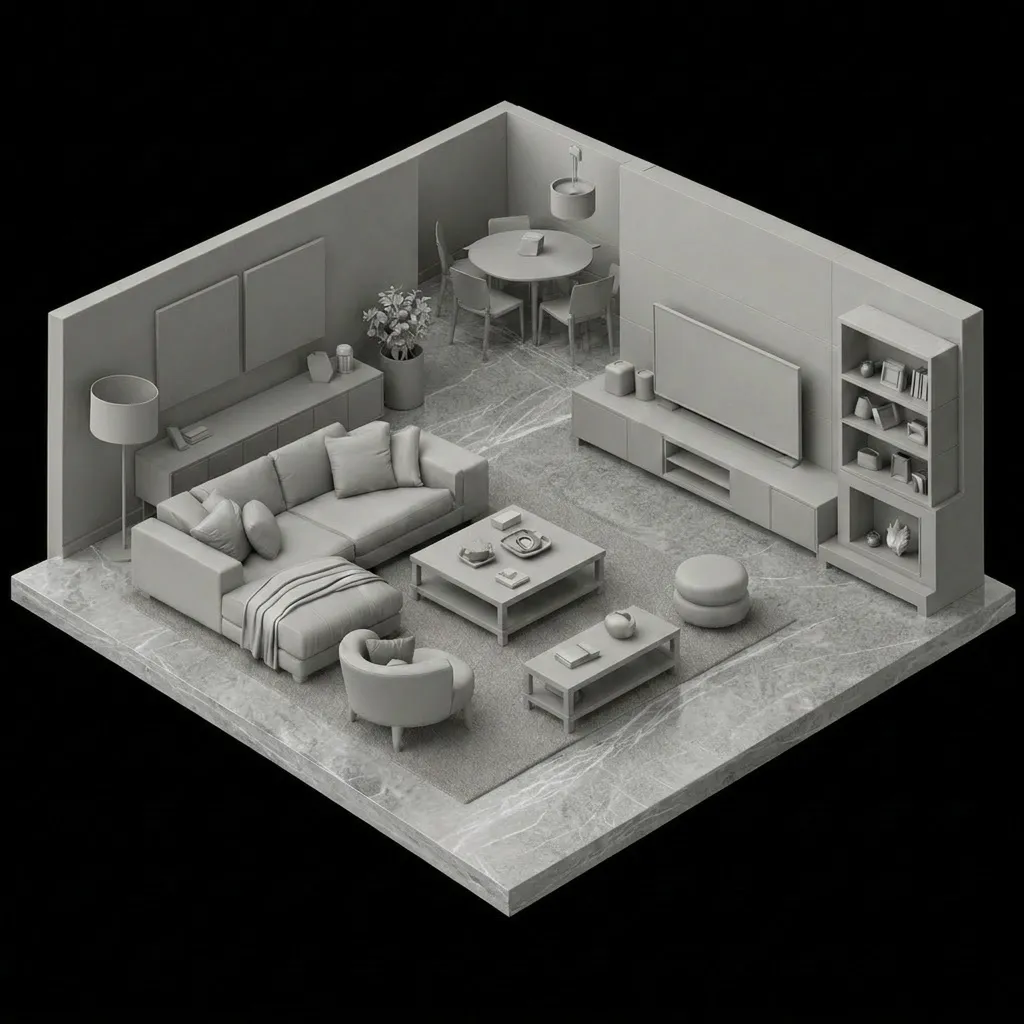 Sala con piso de mármol gris claro